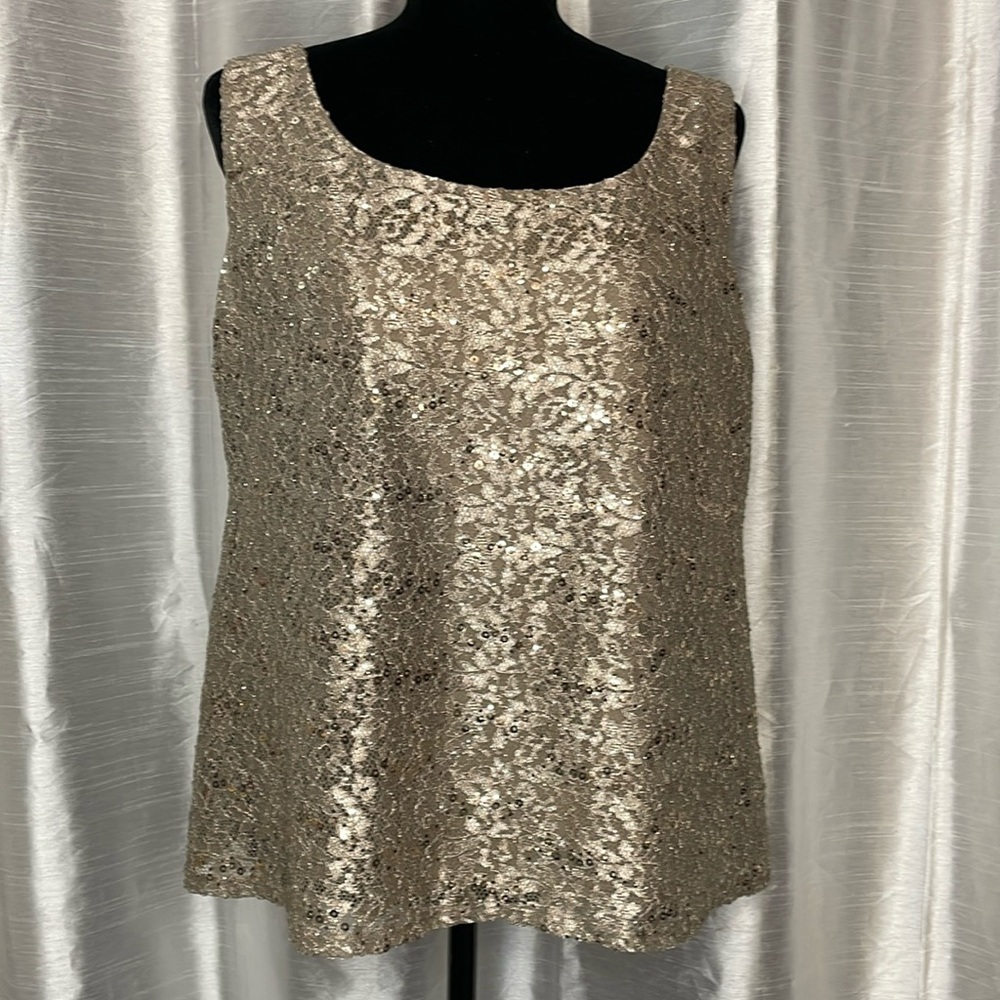 R&M Richards Women’s 14 Lacy Sequins Shimmery Gold Colored Lined Sleeveless Top